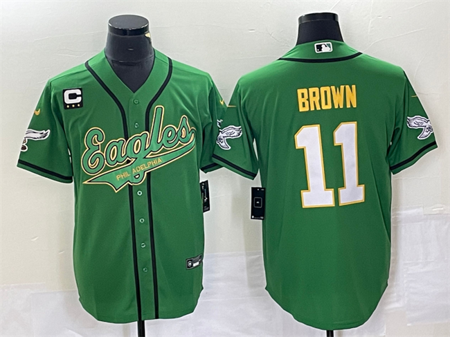 Men's Philadelphia Eagles #11 A. J. Brown Green Gold With 3-star C Patch Cool Base Stitched Baseball Jersey